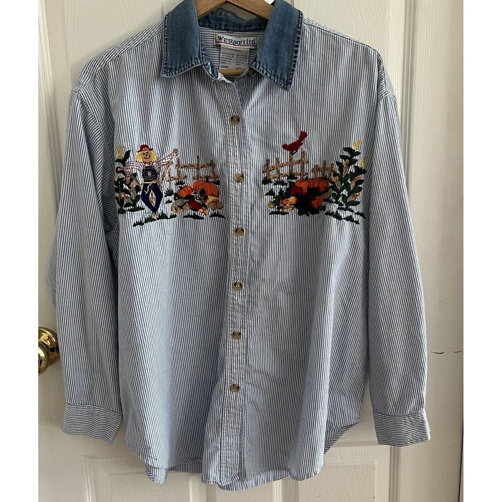 VTG Westport Ltd Fall Embroidered Shirt Large Scarecrow Corn Pumpkin Cottagecore